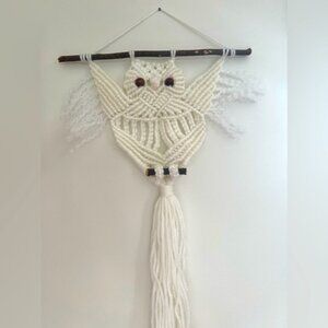 Handcrafted, macrame cord rustic tapestry stick. Adorable, owl  art